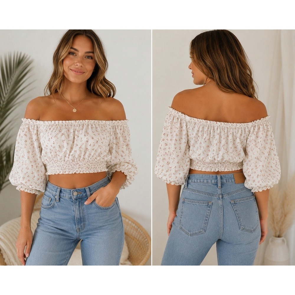 Billabong Women's Medium Floral Off Shoulder Smocked Crop Top Puff Sleeve Boho